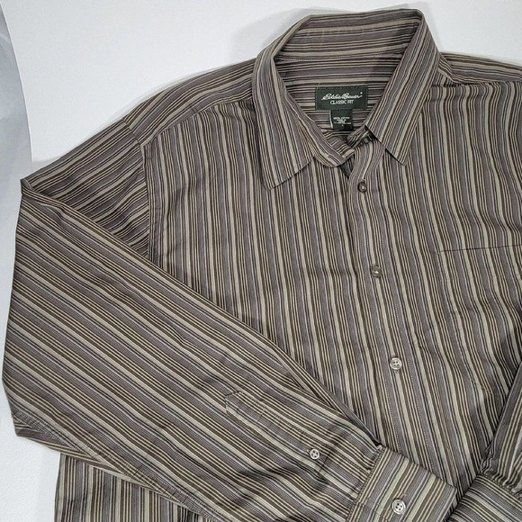 Eddie Bauer Classic Fit Button Up Shirt Mens L Gray Striped Long Sleeve Cotton - Picture 5 of 10